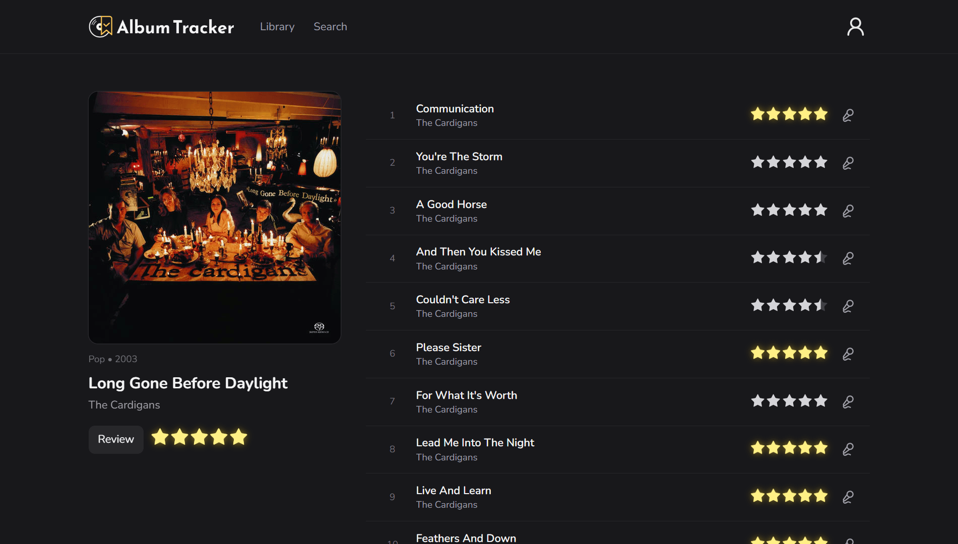 Album Tracker interface showing an album page with track ratings