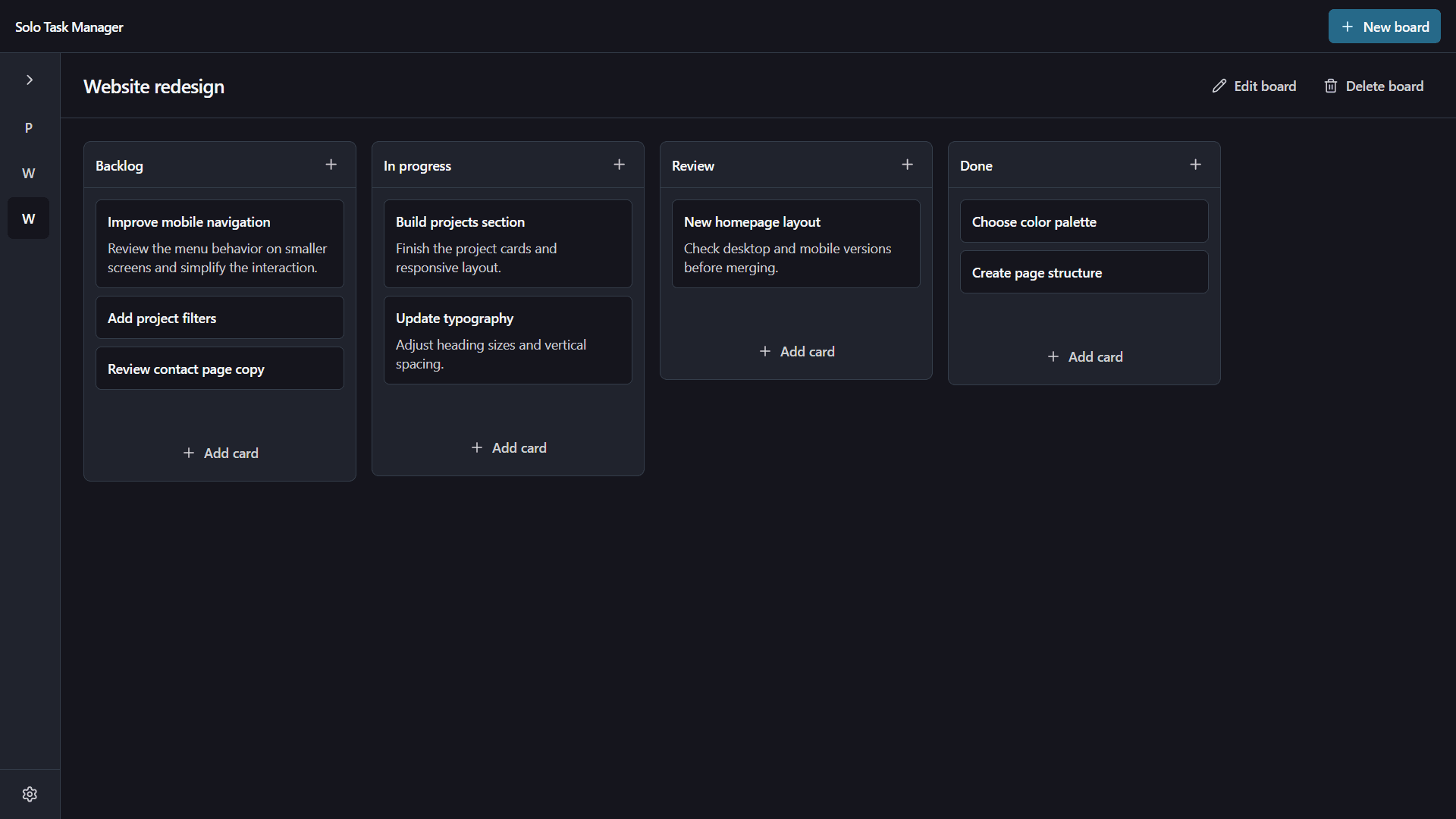 Solo Task Manager desktop interface showing a Kanban board with four columns