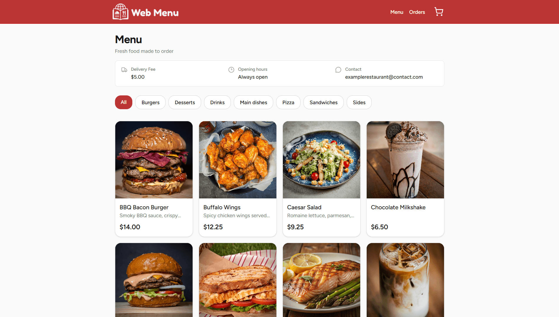Web Menu interface showing a digital menu with food categories and items